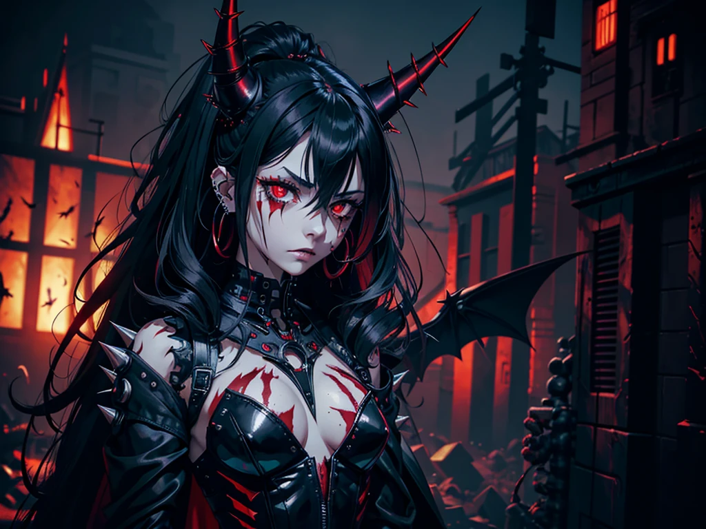 demon girl, spiky messy black long hair, demon, red eyes, blood tears, ear piercings, face piercings, blood, tattoos, bats, mechanical arms, wearing black robot suit, wearing black fur cloak, mechanical wings, mechanical horns, graveyard, night, high res, ultrasharp, 8k, masterpiece, looking at viewer