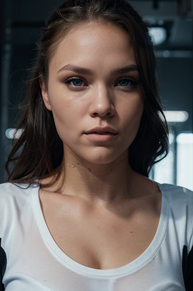 a ronda rousey, black jacket, white t-shirt, blue jeans, athletic, muscular woman, detailed face, beautiful detailed eyes, beautiful detailed lips, extremely detailed eyes and face, long eyelashes, photorealistic, realistic, dynamic pose, studio lighting, professional photograph, high contrast, vibrant colors, cinematic lighting, shallow depth of field