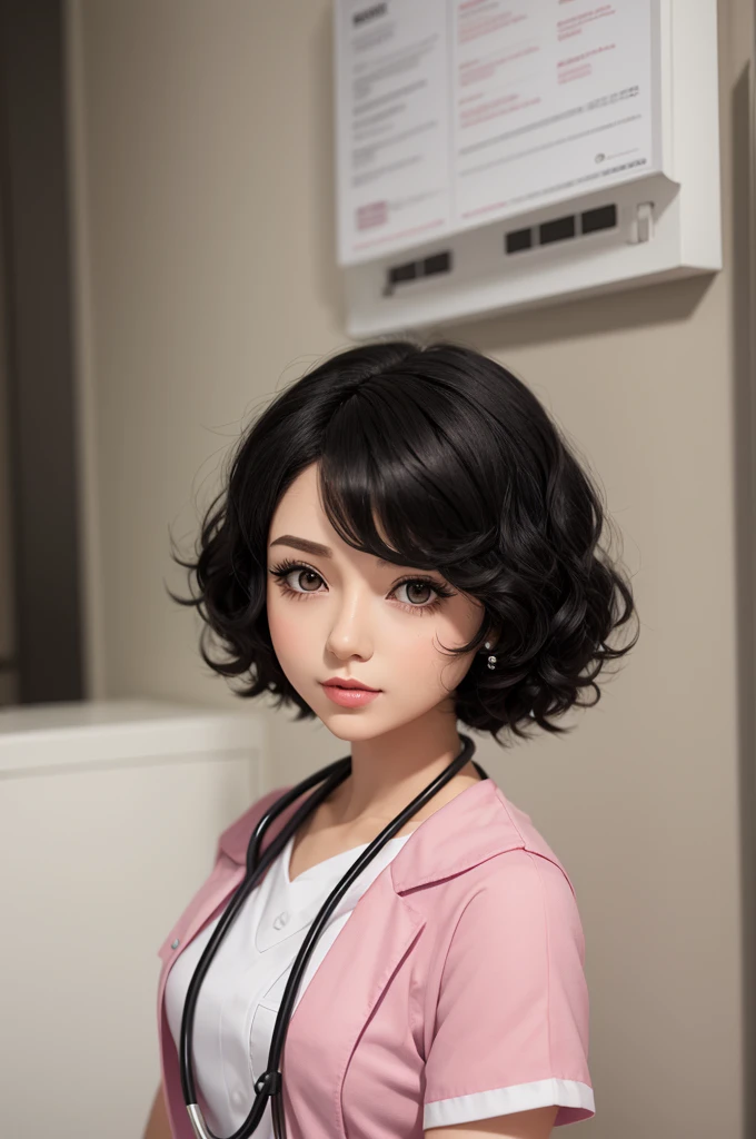 Create a nurse doll with short black curly hair.