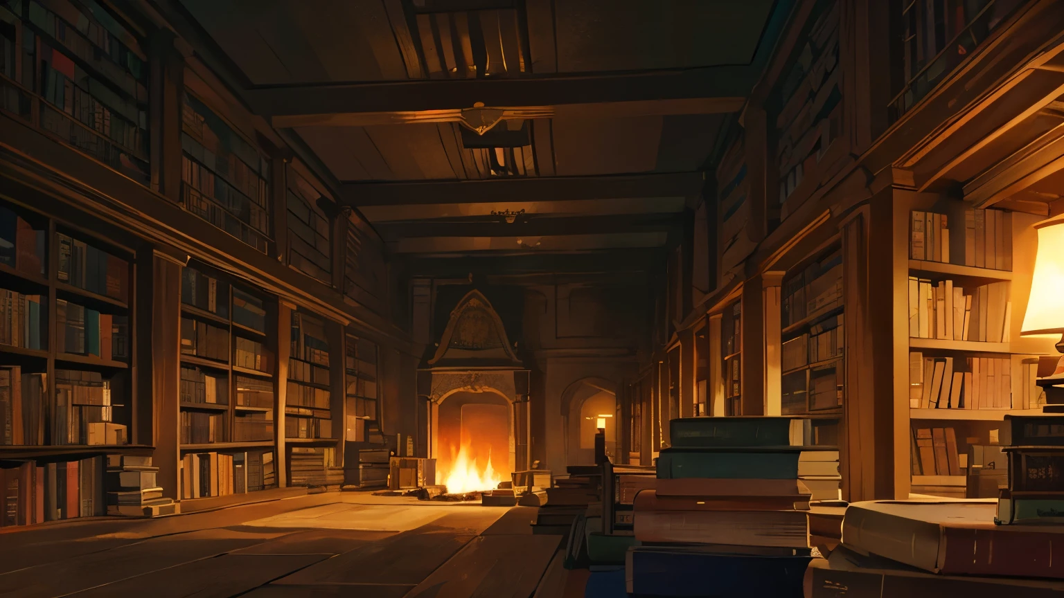 generate a library image in a dark environment, full of books, in a magma region as if it were in a fantasy world