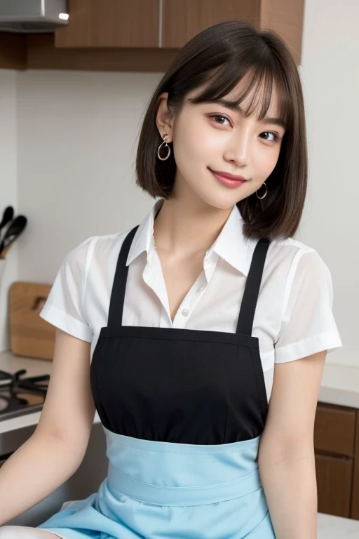 Beautuful Women、1人日本人、Very sexy body、Big chest looking directly at the camera、sexy facial expression、Coquettish smile、Happy smile、A slight smil、smil、skin gloss、big eye、Highlights in the eyes、Distinct double eyelids、Lashes、long neck、Beautiful short hair、Glossy dark black hair、bangss、with a pure white background、Nothing background、Put your ears out、Beautiful skin quality、Oil for the skin、Lame on skin、Lotion on skin、Cafe Clerk、The shirt、skirt by the、pinafore、Apron、Sitting on the floor、crossed legs、Panties are slightly visible
