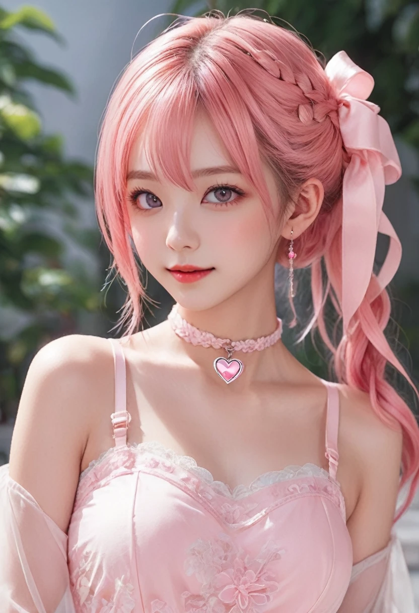 1 girl, Pink long hair bun, Heart shaped eyes, ♡, Big Breasts, Wedding dress, {girl with Pink long hair bun named Nami}, (Pink eye color), {Downtown}, (smile), Light background , Mole under the eye, Heart-shaped choker, (masterpiece, Highest quality), Very detailed, Highest quality, Official Art, beautifully、aesthetic: 1.2), (1 girl), Very detailed, (Geometry Art: 1.3), colorful, Most detailed ?d1 girl, Pink long hair bun, Eye of the symbol, +__+, Big Breasts, Gothic Costume, {A girl with long pink hair in a bun named Nami}, (Pink eye color), {Downtown}, (smile), Light background, （garden,beautiful flower々）,Mole under the eye, Heart-shaped choker, (masterpiece, Highest quality), Official Art, beautifully、aesthetic: 1.2), (1 girl), Very detailed, (Geometry Art: 1.3), colorful