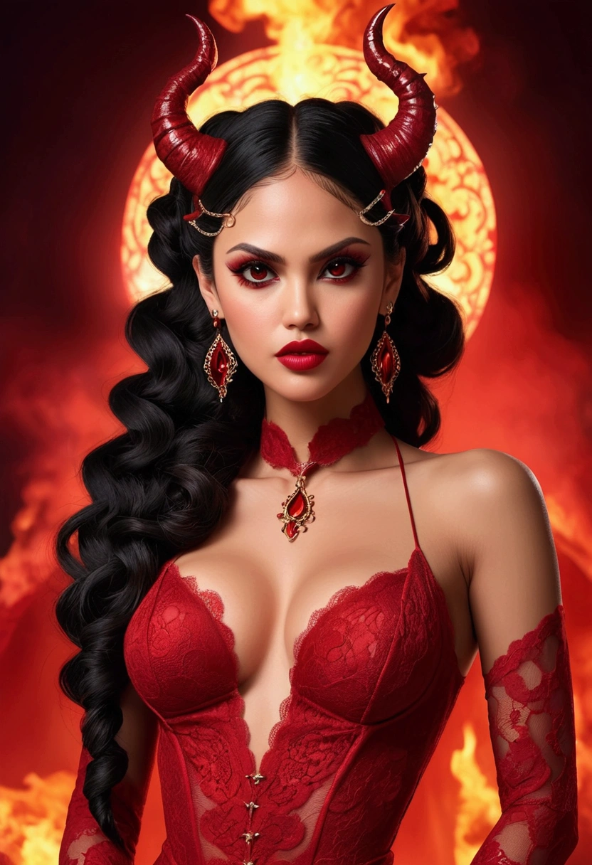 Full body shot Eliza Dushku devil, ringlets wavy five feet long black hair, updo hairstyle with ponytail on one side and long hairpins holding the bun long braid, strong thighs, dark red glossy lips, heavy red eye shadow long red eyeliner, long sharp claws, red lace beautiful and creative devil bodysuit, huge cleavage, devil horns, no earrings, no earrings, no earrings, no jewels, beautiful forehead lace ornament, posing in a feminine devil hell, happy expression, red ambience night time fire lights. No faces on her chest!