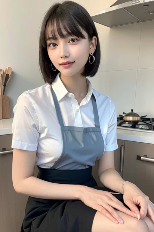 (High resolution、High resolution、high quality、High resolution、Draw everything in high resolution)、Vivid crystal light blue eyes、Very small diamond-shaped earrings、Look straight at the camera、Listen carefully、light in your eyes、droppy big eyes,Beautiful very short black hair、Beautiful hair with beautiful and very short bangs、Straight beauty Bang、Beautiful neckline、Beautiful 20 years old、Lip gloss、Long neck、smile、Beautiful teeth alignment、beauty、Beautiful woman、(white shirt with collar, black cafe apron, kitchen:1.15)、(medium breasts,cleavage,slender waist:1.0),Lengthen the left and right ends of your bangs、Beautiful composition、Beautiful Supermodel、Naked from the waist up,(sitting with spreading legs in the kitchen,panty in skirt:1.25)
