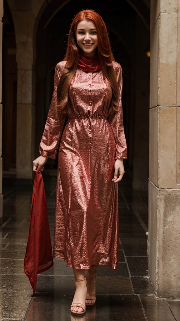 Show me a full body view of an 18 year old girl with long red hair and an Arabic dress standing in the rain and smiling. 