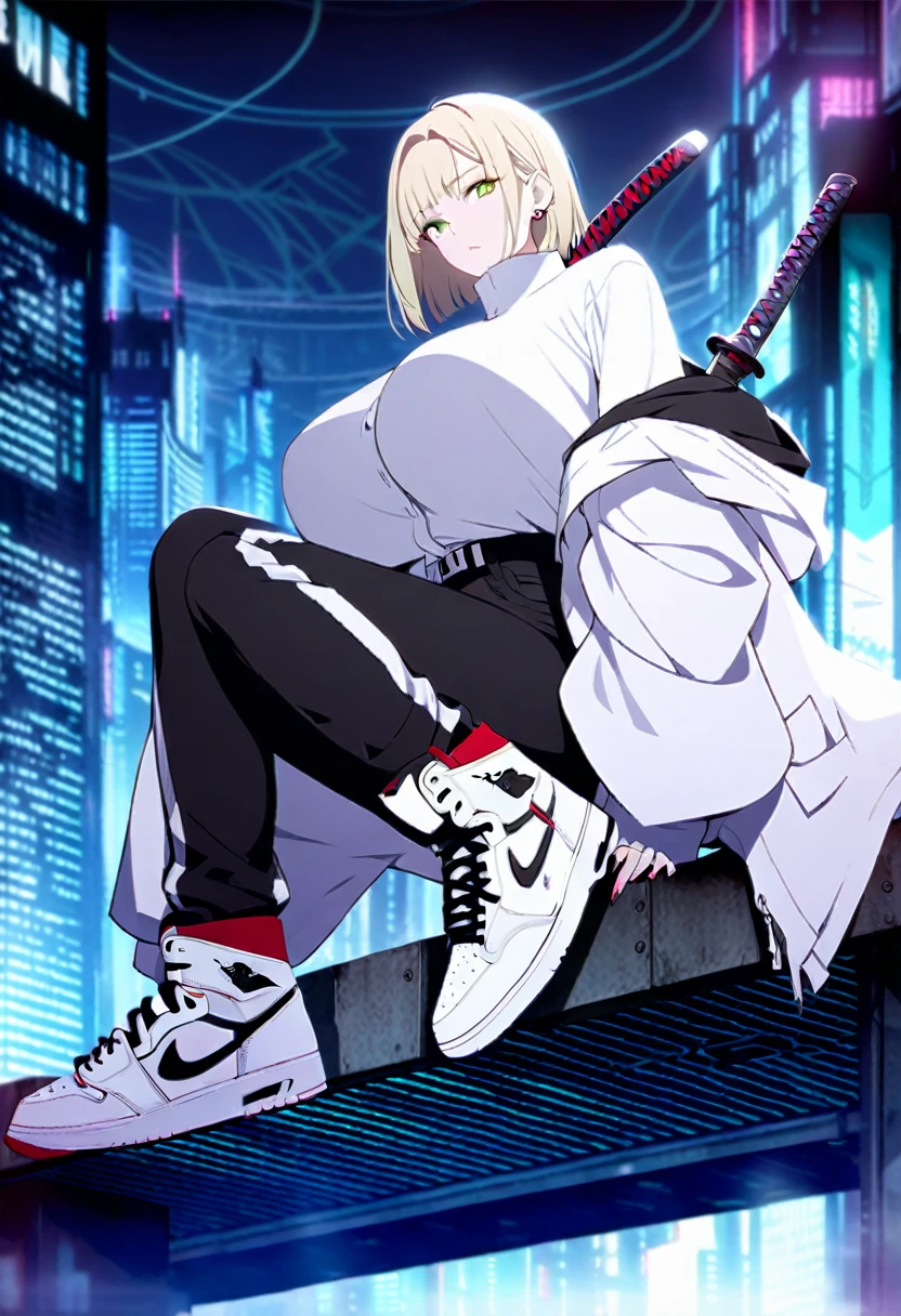 Blonde, green eyes, oversize clothes, air jordan white, big breasts, katana, cyberpunk background, sitting on the edge of a building