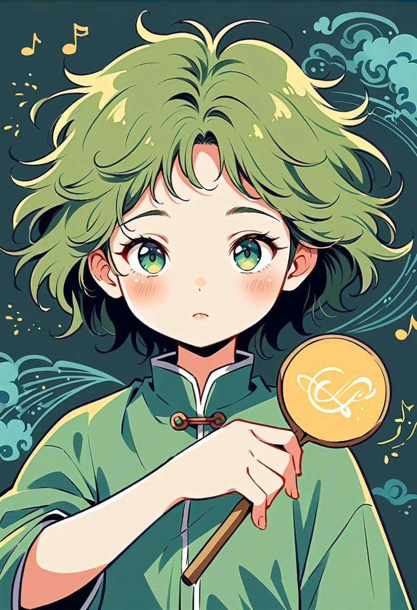 Holding a glowing musical note in his hand, From Yowamushi Pedal, 高品質のFan art, demon slayer rui Fan art, season!! : 🌸 ☀ 🍂 ❄, inspired by Inoue Naohisa, 公式Fan art, Avatar Image, by Ai-Mitsu, Wearing a green cloak, honest, Inspired by Yumihiko Amano, Fan art