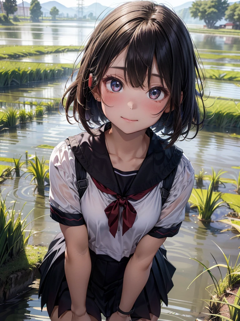 ((Best of the highest quality, 8k, Masterpiece, raw photo: 1.2)), (Sharp focus: 1.2), (1 AESPA, slim body type female, 22 y/o: 1.1), solo, (realistic, photo-realistic:1.37), face focus, cute face, finely eyes, (forehead: 1.16), (sharp chin, droopy eyes: 1.32), (Emphasize prominent aegyo-sal with bright: 1.2), shimmering eyeshadow applied under the lower lash line, paired with thick, (small breasts, flat chest: 1.3), (short bob hair: 1.28), school sailor uniform, ribbon: 1.1), walking in river, (rice field, paddy field: 1.1), flower, (from below: 1.16)