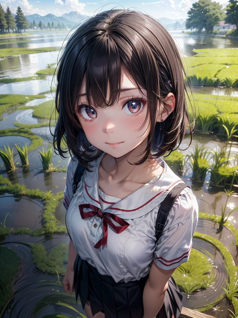 ((Best of the highest quality, 8k, Masterpiece, raw photo: 1.2)), (Sharp focus: 1.2), (1 AESPA, slim body type female, 22 y/o: 1.1), solo, (realistic, photo-realistic:1.37), face focus, cute face, finely eyes, (forehead: 1.16), (sharp chin, droopy eyes: 1.32), (Emphasize prominent aegyo-sal with bright: 1.2), shimmering eyeshadow applied under the lower lash line, paired with thick, (small breasts, flat chest: 1.3), (short bob hair: 1.28), school sailor uniform, ribbon: 1.1), walking in river, (rice field, paddy field: 1.1), flower, (from below: 1.16)