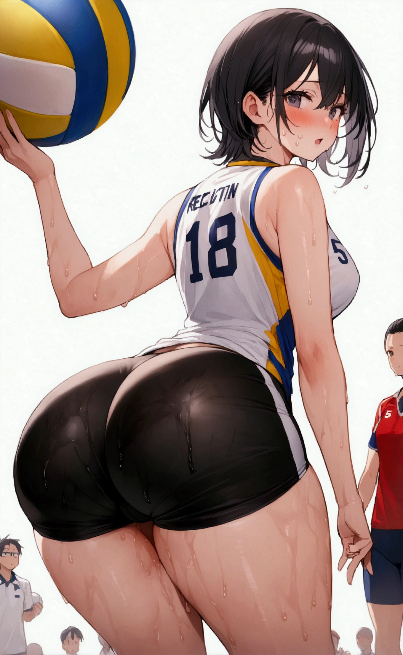 One woman、beautiful girl、high school girl、Volleyball uniform、volleyball、Short Hair、volleyballスタジアム、volleyballのユニフォーム、Grabbing your buttocks with both hands、The stands are packed、Highest quality, Thick thighs、Big Ass、Black Hair、Sweaty body、Number 5、Receive the ball、Volleyball Match、Sweaty ass