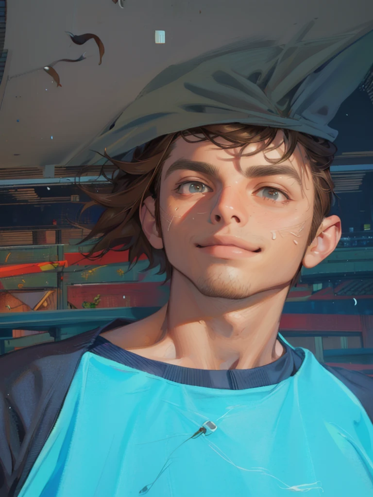 (masterpiece, ultra high res, 16k uhd, high quality),low key,commute,ad,tv,standing,looking at viewer,Hoodie,masterpiece,in the restaurant,sitting,(brown hair),black eyes,turn to the back,smile,Seoul,(small head),Precise human body structure,Precise hand structure,(duck egg face),Light-colored clothing,red coat,yellow top,Unity 16K Wallpapers,Concept Art,A person,8K eyes,Grassland,Dress,Park,Bench,Pigeons,(((mature male))),((big eyes:1.3)),(short hair),((1 American mixed-race man)),Sweatpants,(Realistic face:1.8),Wide Shoulders,Single,(whole body:1.6),andriod 18,