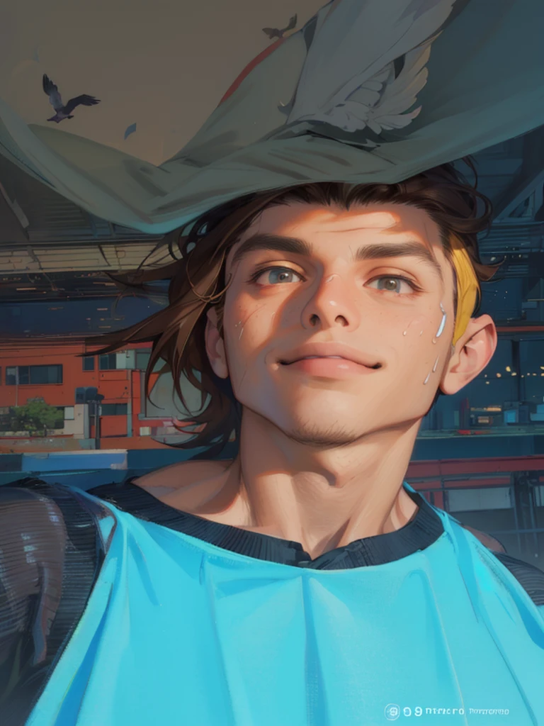 (masterpiece, ultra high res, 16k uhd, high quality),low key,commute,ad,tv,standing,looking at viewer,Hoodie,masterpiece,in the restaurant,sitting,(brown hair),black eyes,turn to the back,smile,Seoul,(small head),Precise human body structure,Precise hand structure,(duck egg face),Light-colored clothing,red coat,yellow top,Unity 16K Wallpapers,Concept Art,A person,8K eyes,Grassland,Dress,Park,Bench,Pigeons,(((mature male))),((big eyes:1.3)),(short hair),((1 American mixed-race man)),Sweatpants,(Realistic face:1.8),Wide Shoulders,Single,(whole body:1.6),andriod 18,