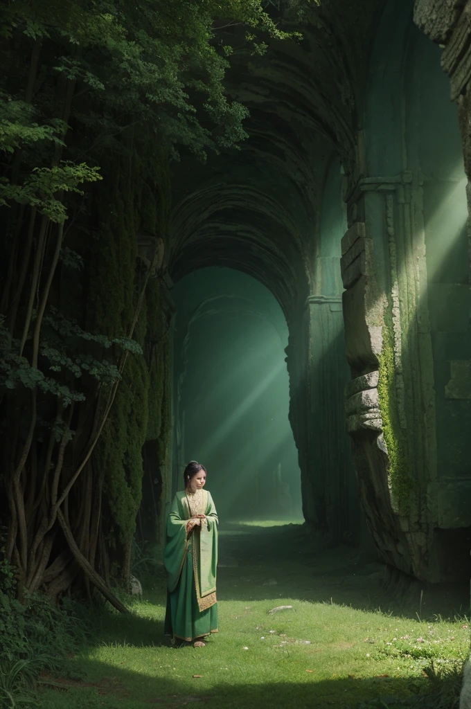 A one-person trip in ancient style with atmospheric green color scheme