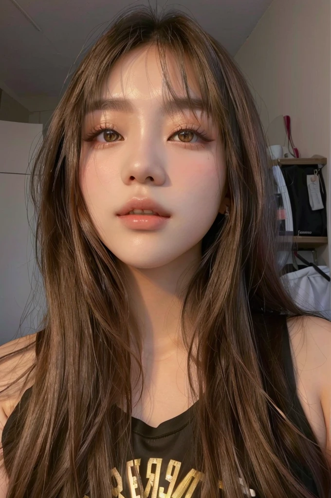 A closeup of a woman with long hair and wearing a sleeveless t-shirt, beautiful south korean woman, korean girl, Beautiful young Korean woman, lalisa manobal, Beautiful young Korean woman, South Korean popular makeup, Korean face features, ig model | artegerm, Popular Korean makeup, Sakimichan, ulzzang, beautiful asian girl