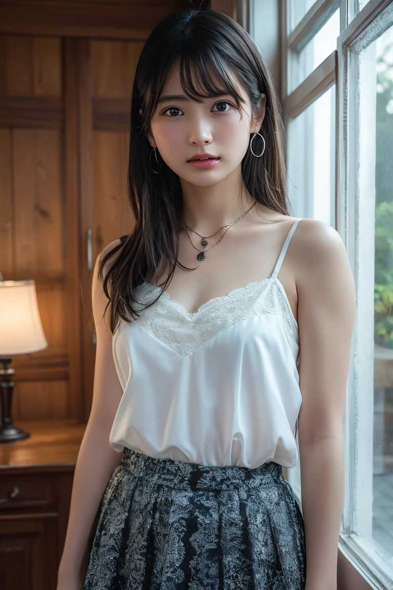 masterpiece,8k,highest quality,Ultra-fine illustration, I can see the whole body,highly detailed face, Fine and shiny skin,big eyes), ((one length haircut)), medium breast, (shot from below,face down), pretty face, 21 year old Japanese,Camisole Dress,lift up the skirt,white see-through lace panties,Big eyes, double eyelid，embarrassed look,in the city