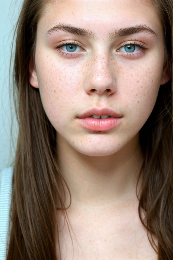 really pretty 18 years old girl. Brown hair. Innocent face. Straight looking to the camera. Facing the camera. Light blue eyes. Freckles. Unique face. Thin face. Beautiful eyes. Thick eyebrows. Pretty filled lips. Fat lips. Thin nose. Freckles and nice skin. Similar to Monica belucci. Big cheekbones 