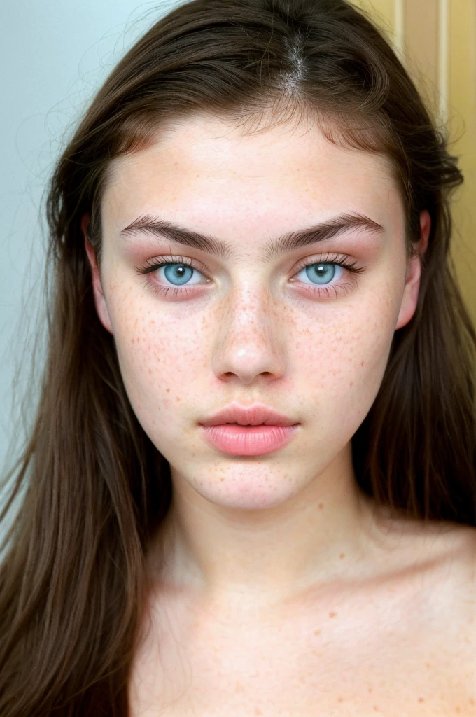 really pretty 18 years old girl. Brown hair. Innocent face. Straight looking to the camera. Facing the camera. Light blue eyes. Freckles. Unique face. Thin face. Beautiful eyes. Thick eyebrows. Pretty filled lips. Fat lips. Thin nose. Freckles and nice skin. Similar to Monica belucci. Big cheekbones