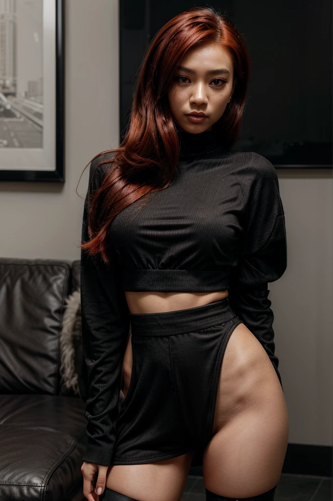 [[((young attractive Asian woman with striking red hair styled in a sleek, long look, medium-light skin, and striking dark brown eyes:1.6)), ((wearing a stylish black outfit featuring a chic, oversized black sweater with buckle details on the sleeves, paired with short black shorts and thigh-high black boots:1.4)). She is standing confidently in a modern, minimalist living room with neutral tones and clean lines. The background features soft natural light coming through large windows, adding a serene and sophisticated atmosphere. The scene is captured with a ((full-frame DSLR:1.4)) using a ((50mm prime lens:1.4)) for a close-up, fashion-oriented perspective. Professional lighting enhances her natural features and the stylish outfit. The image should be in ((8K resolution:1.5)) with ((hyper-realistic detail:1.6)). The focus is on the woman’s stylish black outfit, her confident pose, and the elegant interior, creating a stunning, fashionable effect.]]