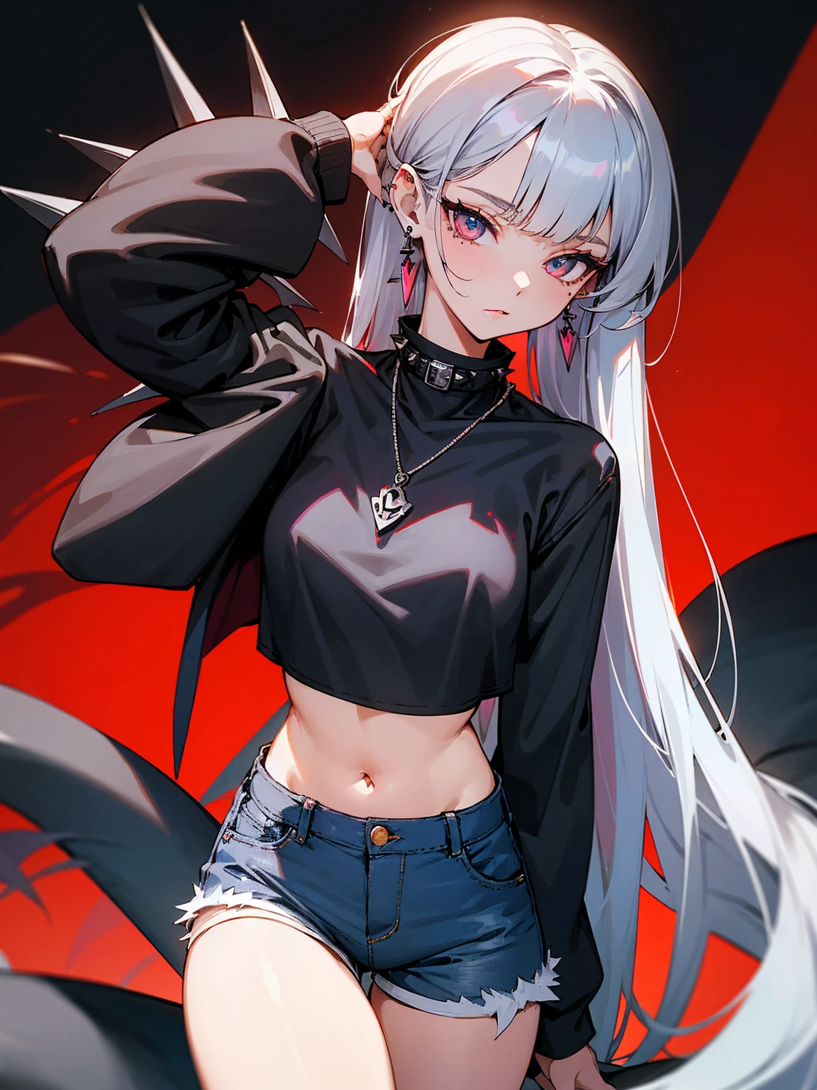 ((Long Straight Silver hair)), Perfect face, Choker, Punk earrings, ((Tall)), ((High Quality)), Necklace, ((Mature)), Pretty Eyes, Sharp Nails, Bangs, ((1 Girl)), ((Multiple Earrings)), 1 girl, Spiky Earrings, Adult, Spiked Collar, Thin Eyelashes, Plain Background, Red Colors in Background, Vampire Girl, Long Tail, Large Tail, Massive Tail, Shark Tail, ((Jean Shorts)), ((Long Sleeve Crop Top)), Close Up, Very Short Mini Skirt, Tall, Long Legs, Dynamic Pose, Black Tail, 2 moles under left eye, Wide Hips, Pantyhose, Vibrant Colors, Close Up, Sexy, Suggestive, Sexually Suggestive, NSFW, Naked, Nipples, Vagina,