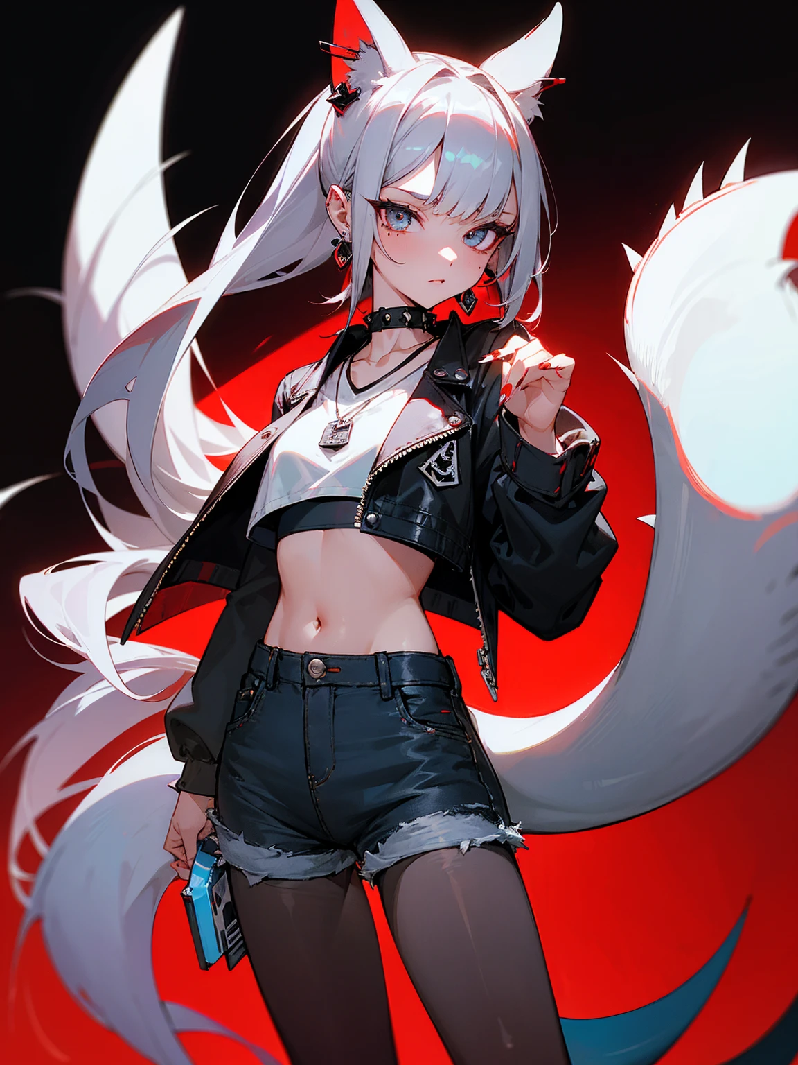 ((Long Straight Silver hair)), Perfect face, Choker, Punk earrings, ((Tall)), ((High Quality)), Necklace, ((Mature)), Pretty Eyes, Sharp Nails, Bangs, ((1 Girl)), ((Multiple Earrings)), 1 girl, Spiky Earrings, Adult, Spiked Collar, Thin Eyelashes, Black Background, Red Colors in Background, Vampire Girl, Long Tail, Large Tail, Massive Tail, Shark Tail, ((Jean Shorts)), ((Long Sleeve Crop Top)), Close Up, Very Short Mini Skirt, Tall, Long Legs, Dynamic Pose, Black Tail, 2 moles under left eye, Pantyhose, Vibrant Colors, Close Up, Sexy, Suggestive, Sexually Suggestive,