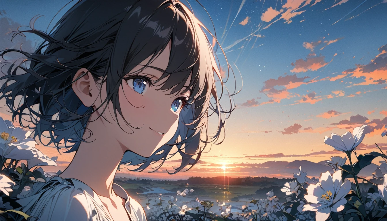 beautiful 1girl, solo, gentle smile on her face flat chest, short hair, black hair, blue eyes, Beautiful depiction, super detailed,Very detailed,best quality,masterpiece,illustration,actual, mirror of the Sky, reflection, different reflection, flower, Sky, cloud, dusk, outdoor, blue Sky, contour, wind,flower瓣, falling flower瓣, Sunset,