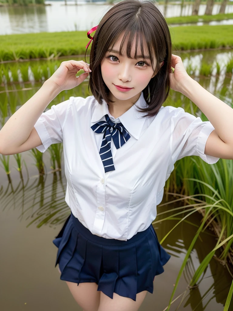 ((Best of the highest quality, 8k, Masterpiece, raw photo: 1.2)), (Sharp focus: 1.2), (1 AESPA, slim body type female, 21 y/o: 1.1), (solo: 1.28), (realistic, photo-realistic:1.37), face focus, cute face, finely eyes, (droopy eyes: 1.32), (Emphasize prominent aegyo-sal with bright: 1.2), shimmering eyeshadow applied under the lower lash line, paired with thick, (small breasts, flat chest, Thigh: 1.3), (short messy hair, bangs, updo: 1.28), (school uniform, ribbon, bra: 1.32), walking in river, (rice field, paddy field: 1.1), flower, (from below: 1.18)