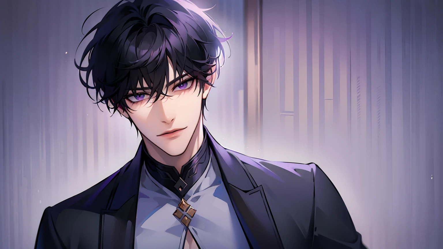 (masterpiece, 8k, high quality, best quality:1.6), 1boy, solo, short hair, black hair, asymmetrical fringe, purple eyes, handsome, sharp eyes, (mature male, mature:1.2), male focus, fashionable, tucked in open purple collared shirt, necklace, indoors, bedroom, light brown wallpaper, close up, smile, long eyelashes, soft shadows, perfect anatomy