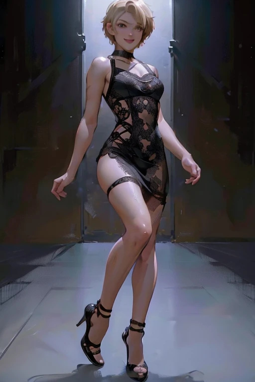 ((full body:1.4)).(rule of thirds:1.4), ((ultra realistic illustration:1.2)),Athletic blonde woman, (short hair), tomboy, cute, ((smile)), sexy, smoky eye, choker, sheer lace black minidress, high heels.Masterpiece, best quality,(highly detailed:1.2),(detailed face and eyes:1.2), 8k wallpaper, depth of field, natural lighting. core shadows, high contrast, bokeh.