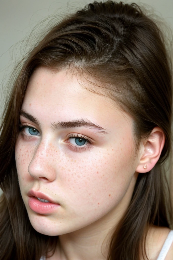 really pretty 18 years old girl. Brown hair. Innocent face. Straight looking to the camera. Facing the camera. blue eyes. Freckles. Unique face. Thin face. Beautiful eyes. Thick eyebrows. Pretty filled lips. Fat lips. Thin nose. Freckles and nice skin. Similar to Monica belucci. Big cheekbones