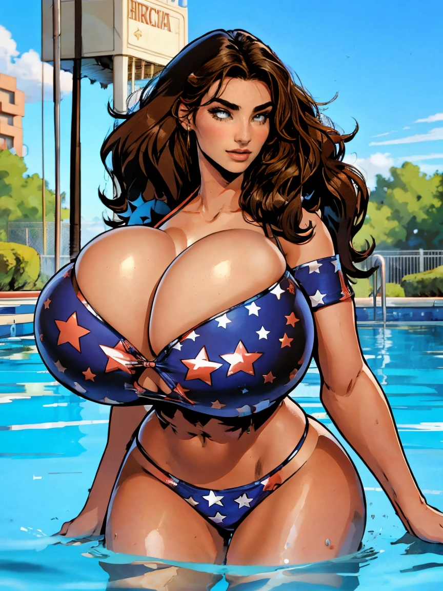 Gorgeous and sultry busty athletic (thin) smirking brunette with sharp facial features and a (big hair) and (huge boobs) wearing a star-spangled bikini, tiny string bikini, Americana, swimming pool.