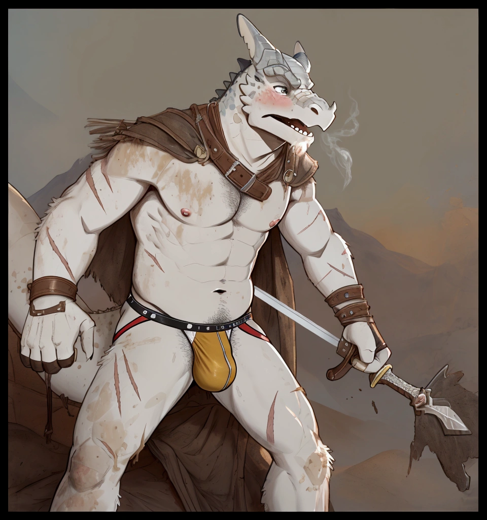 Solo Sexy young anthro acaliereptile dragon male mercenary medieval solider, slim slim muscular, anthro handsome gay shorter muzzle, handsome gay model male apperance, sword scars, worn out leather skimpy armament, low on hips heavy leather belt, old very worn out skimpy dirty linen material jockstrap, old yellow dirty worn out stains on white sawn jockstrap, very visible "x" brown seam pattern on the jockstrap, studded skimpy armlets breastplate armor, skimpy breastplate, leather bondages, fingerless leather gloves, smelly unwashed husk, dirty body look, desert battlefield, standing in sexy fighting position, close view of full character