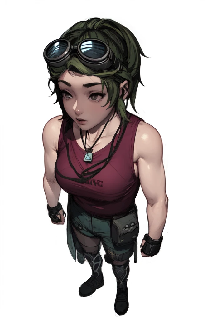 a cartoon of a girl with goggles and a red shirt, dogtag, female lead character, shadowrun character art, a character based on a haggis, video game character, detailed character art, rpg character, videogame character, video game character design, full body character, full body character portrait, female protagonist, game character, highly detailed character design