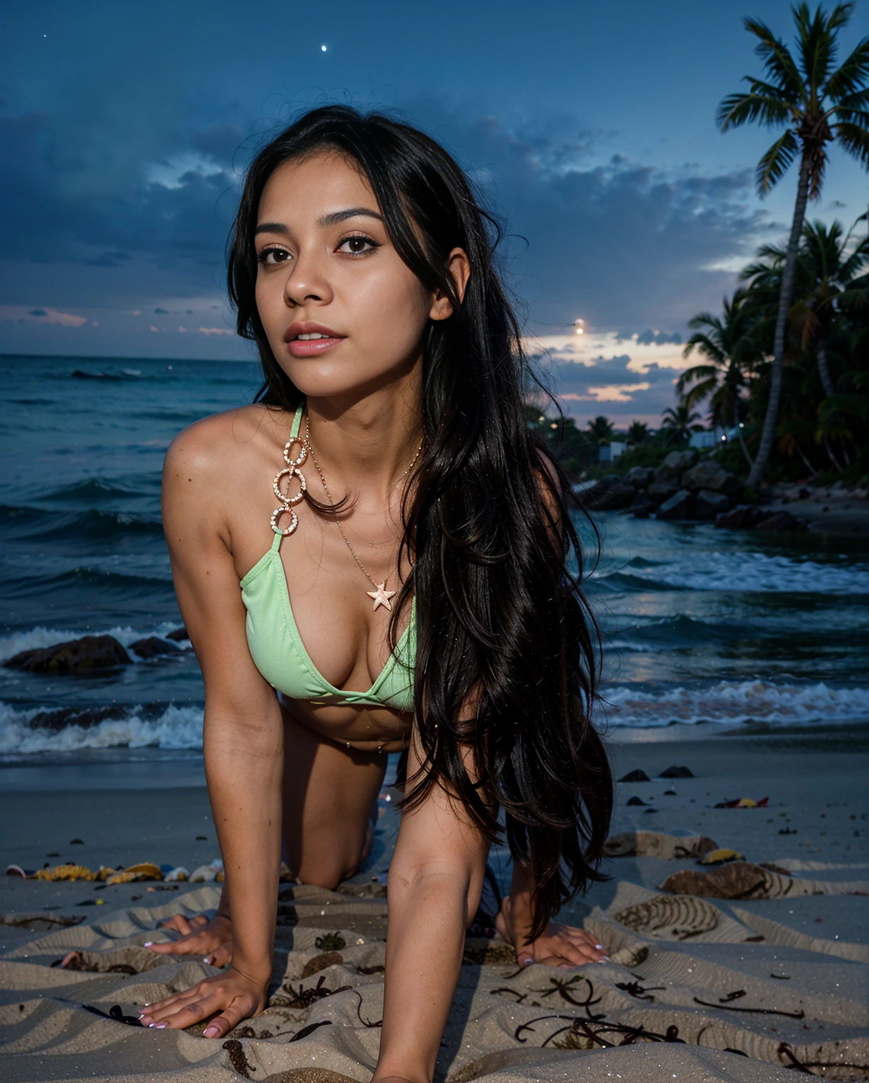 A latina girl with black hair crawling on the beach at night