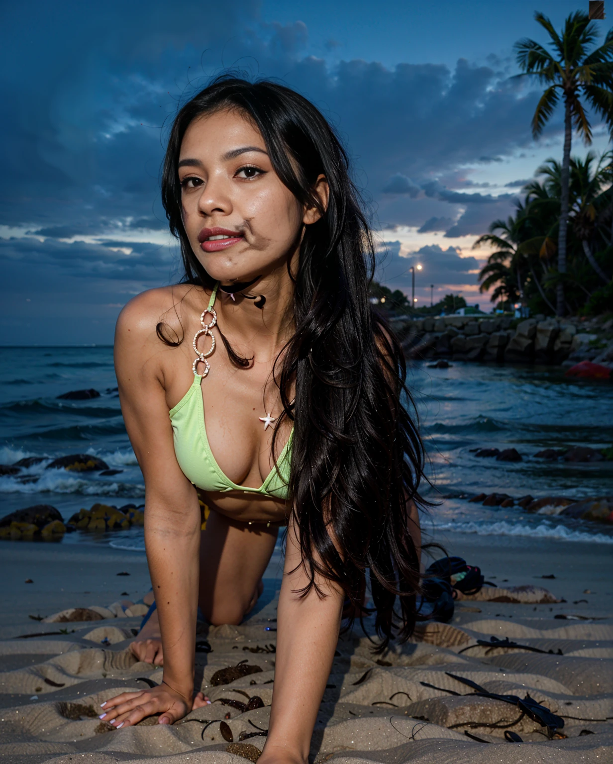 A selfie of a black woman at the beach, a 23-year-old with long, flowing black hair and hazel eyes, radiating confidence in a stylish sky blue and grey bikini. The sun-kissed sand complements her warm, blended skin reflecting Pacific Asian and African American roots. Her beach ensemble effortlessly combines a chic sky blue and grey swimsuit, highlighting her natural charm. The rhythmic sound of ocean waves provides a serene backdrop as she enjoys the coastal breeze, capturing the essence of a relaxing day at the beach.