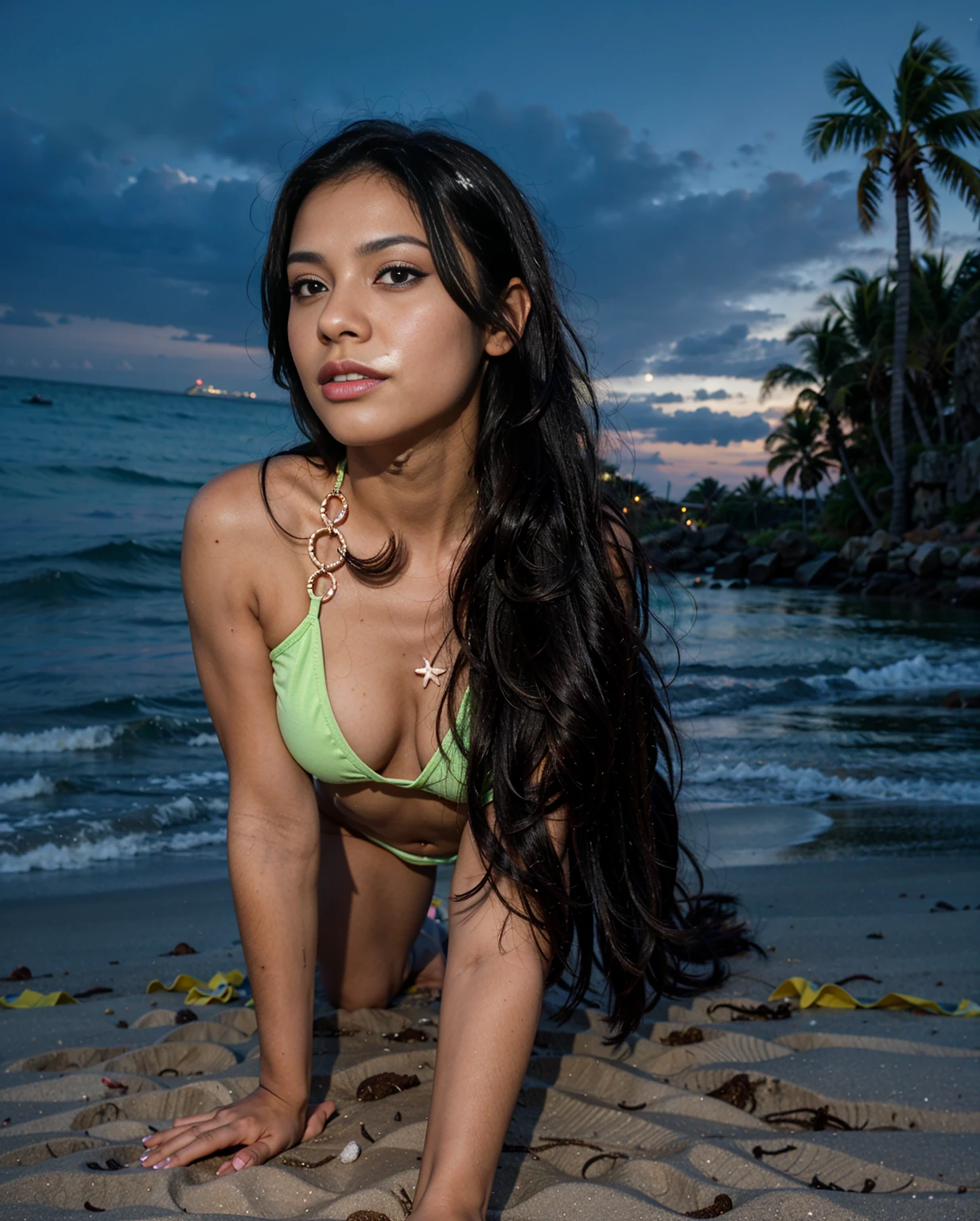 black hair, solo woman, long eyelashes, brown eyes, cute, , cinematic lighting, 8k, super detail, accurate, best quality, high details, textured skin, anatomically correct, masterpiece, retina, high quality, long curly hair, textured skin, wearing long boho orange dress, on the beach, surrounded by palm trees