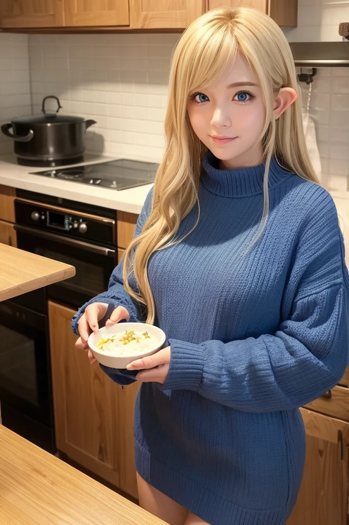 Create an anime-style image of the main character of "Elf-san wa Yasashiku Sarenai" in a cozy Japanese kitchen. The character Elf-san should have long wavy blonde hair, big blue eyes and super pointy elf ears. She has a super fat and curvy body and wears casual, slightly oversized clothing such as loose knit sweaters and short skirts. The kitchen background should include traditional Japanese elements such as a rice cooker, wooden cabinets, a small dining table with chairs and various cooking utensils such as frying pans and cutting boards. Surround her with a variety of foods to create a warm and cozy atmosphere and emphasize her love of eating.