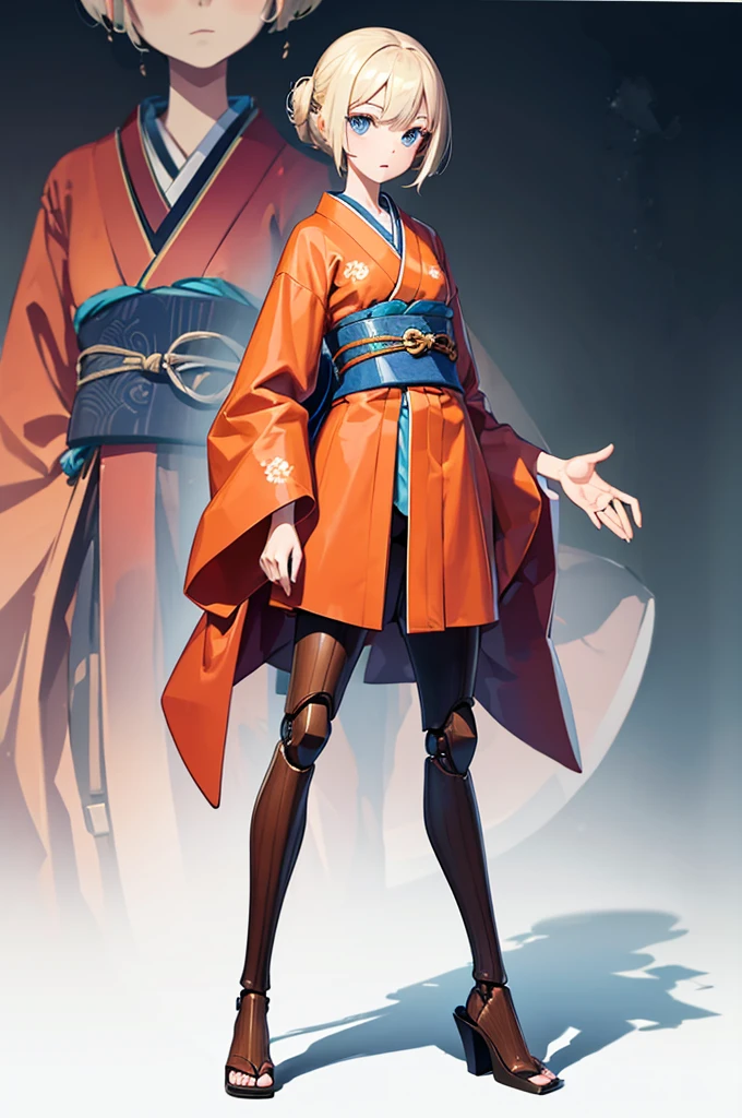 Wooden Humanoid Robot,Wood grain body,Made to resemble a young girl,wear the kimono,Young,Illustrated,zoom