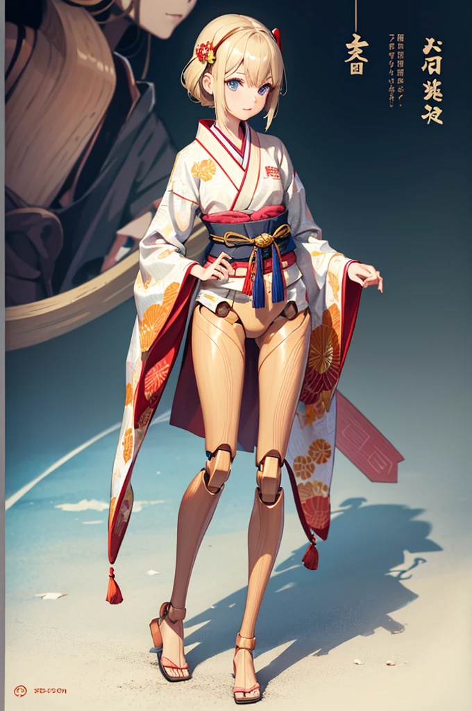Wooden Humanoid Robot,Wood grain body,Made to resemble a young girl,wear the kimono,Young,Illustrated,zoom