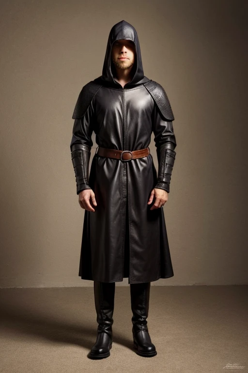 Medieval clothing with a hood and face partially covering the face, with leather boots and low top, image showing the entire outfit