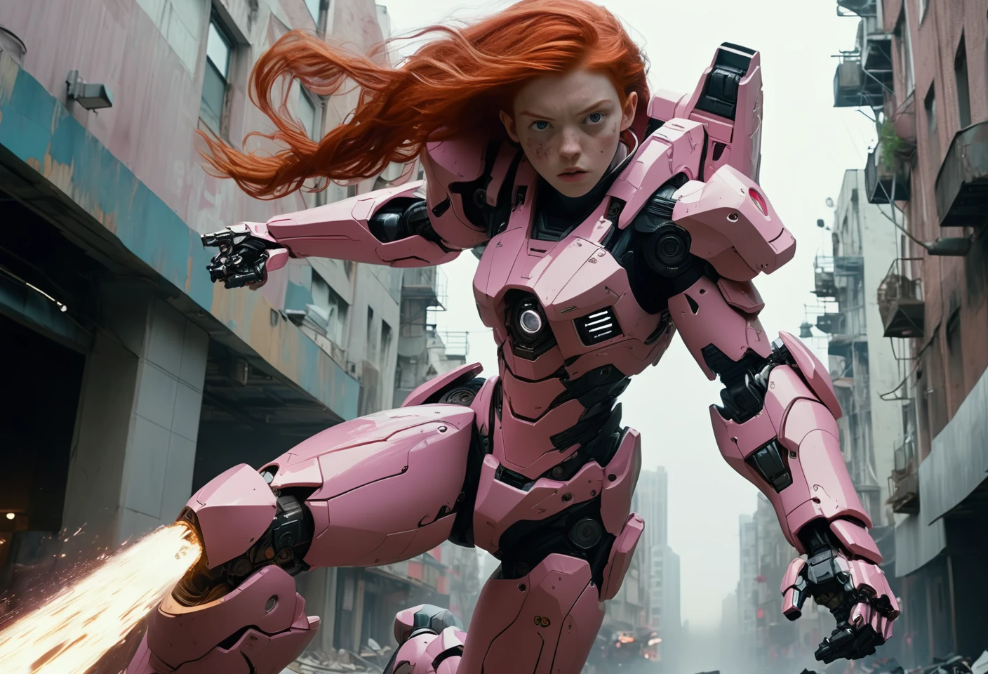 A cinematic film still of a redhead in a pink-powered armor suit, shooting at giant black mecha. The heroine's armor is adorned with intricate designs and a retractable shroud, revealing her determination and strength. The background is a dystopian cityscape, with buildings crumbling and people caught in the crossfire. Style by Martine Johanna. Canon 5d Mark 4, Kodak Ektar, 35mm