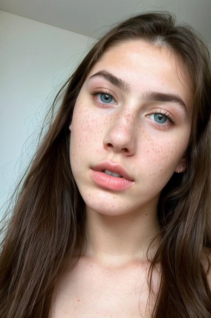 really pretty 18 years old girl. Brown hair. Innocent face. Straight looking to the camera. Facing the camera. Light blue eyes. Freckles. Unique face. Beautiful eyes. Really Thick eyebrows. Pretty filled lips. Fat lips. Thin nose. Freckles and nice skin. Similar to Monica belucci. Big cheekbones