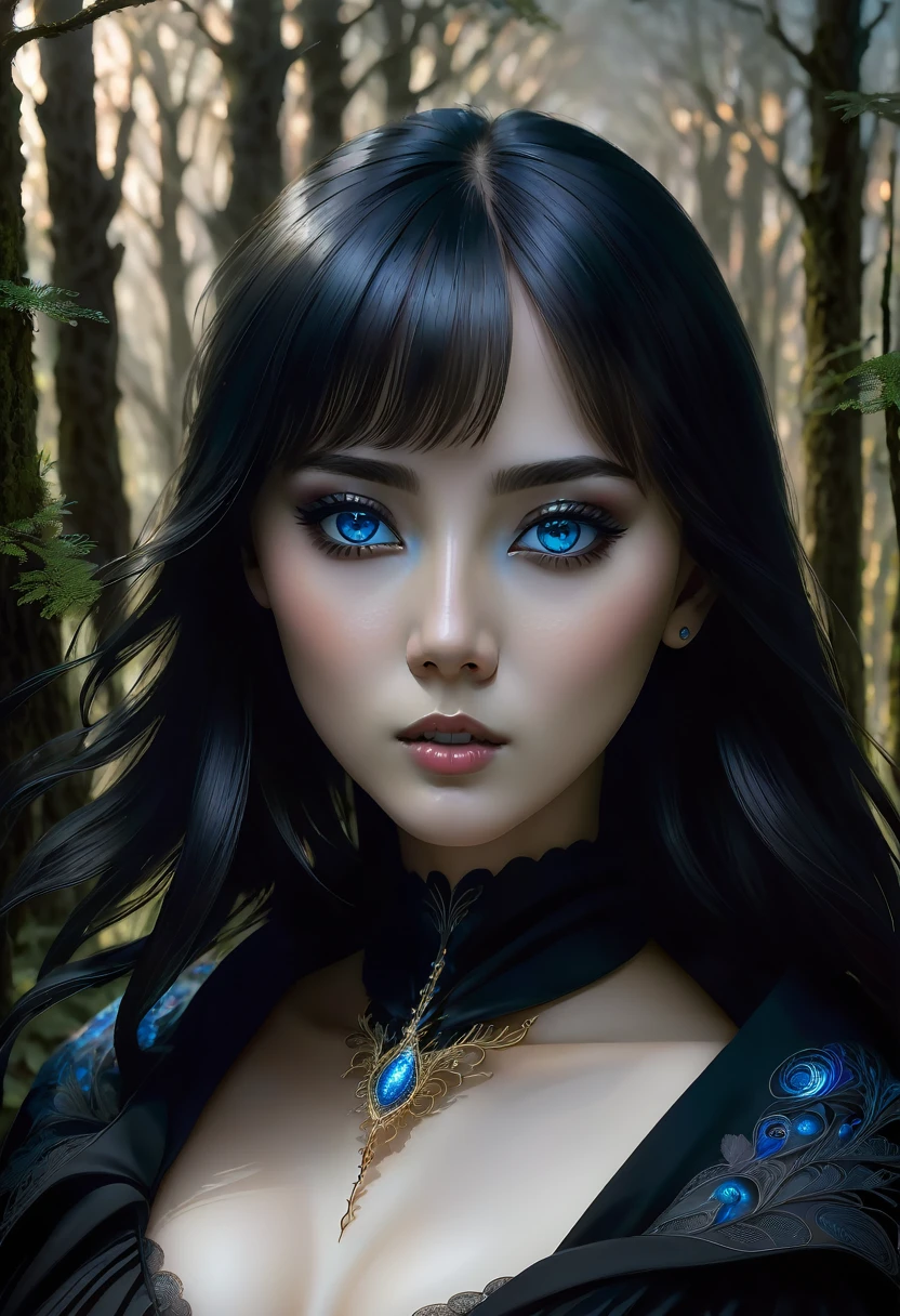 realistic illustration of a girl with black hair, blue eyes, wearing a black outfit, walking through a dark forest, wearing a black cloak in an inverted world, detailed portrait, beautiful detailed eyes, beautiful detailed lips, extremely detailed eyes and face, long eyelashes, dark fantasy, moody lighting, muted colors, dramatic shadows, surreal, dreamlike, ethereal, (best quality,4k,8k,highres,masterpiece:1.2),ultra-detailed,(realistic,photorealistic,photo-realistic:1.37),digital painting,concept art,cinematic composition