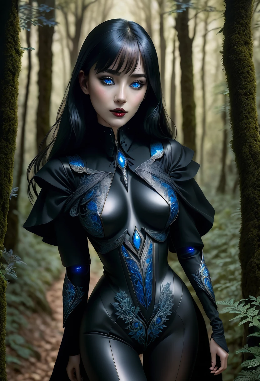 realistic illustration of a girl with black hair, blue eyes, wearing a black outfit, walking through a dark forest, wearing a black cloak in an inverted world, detailed portrait, beautiful detailed eyes, beautiful detailed lips, extremely detailed eyes and face, long eyelashes, dark fantasy, moody lighting, muted colors, dramatic shadows, surreal, dreamlike, ethereal, (best quality,4k,8k,highres,masterpiece:1.2),ultra-detailed,(realistic,photorealistic,photo-realistic:1.37),digital painting,concept art,cinematic composition