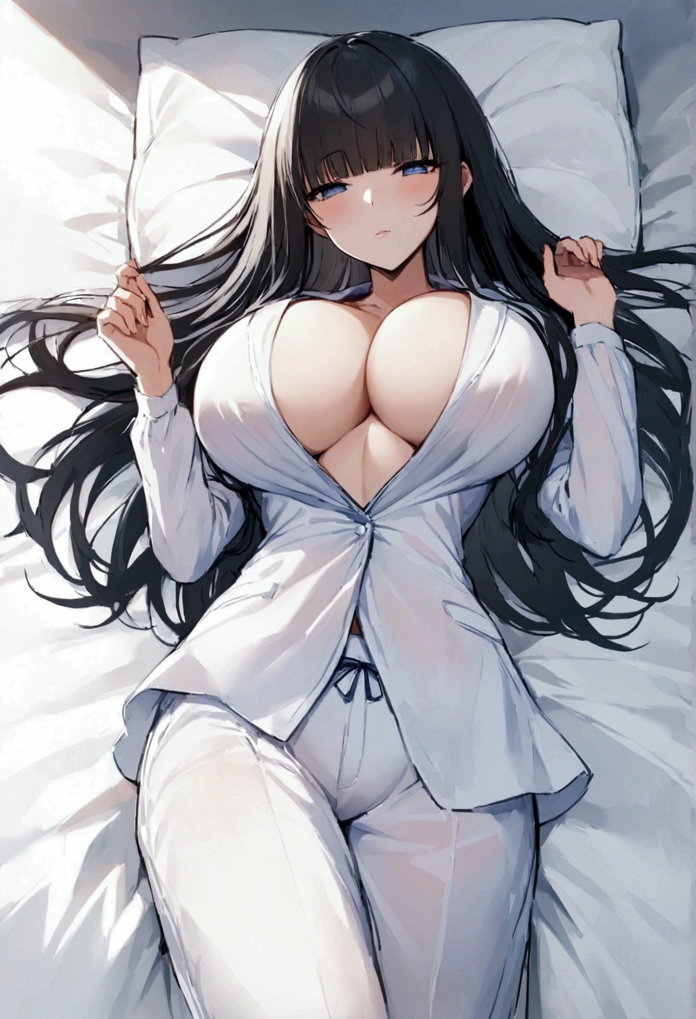 Hime cut with long black hair、Has straight bangs and blue eyes、Girls with very large breasts。Wearing a pajama trouser set。rather large udder。Unbelievably large breasts。Lying alone in bed with my eyes closed。The fabric is opaque。good morning