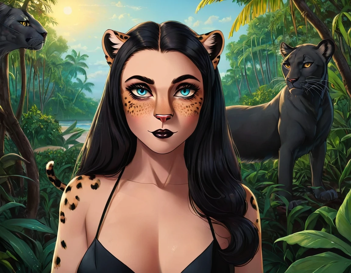 From the movie "The Island of Dr. Moreau", (leopard ears, whisker flesh, vertically elongated pupils:1.5), long straight black hair, beautiful woman in a black dress baring her fangs, standing on the beach, a middle-aged man in a white coat standing next to the woman, (background is a luxurious tropical mansion and mangrove forest: 1.4), mythical creature, realistic, highly detailed, 8k, masterpiece, dramatic lighting, cinematic, graceful, feline, powerful, intense gaze, flawless skin, exquisite details, dynamic pose, atmospheric, stunning colors, chiaroscuro, pop art