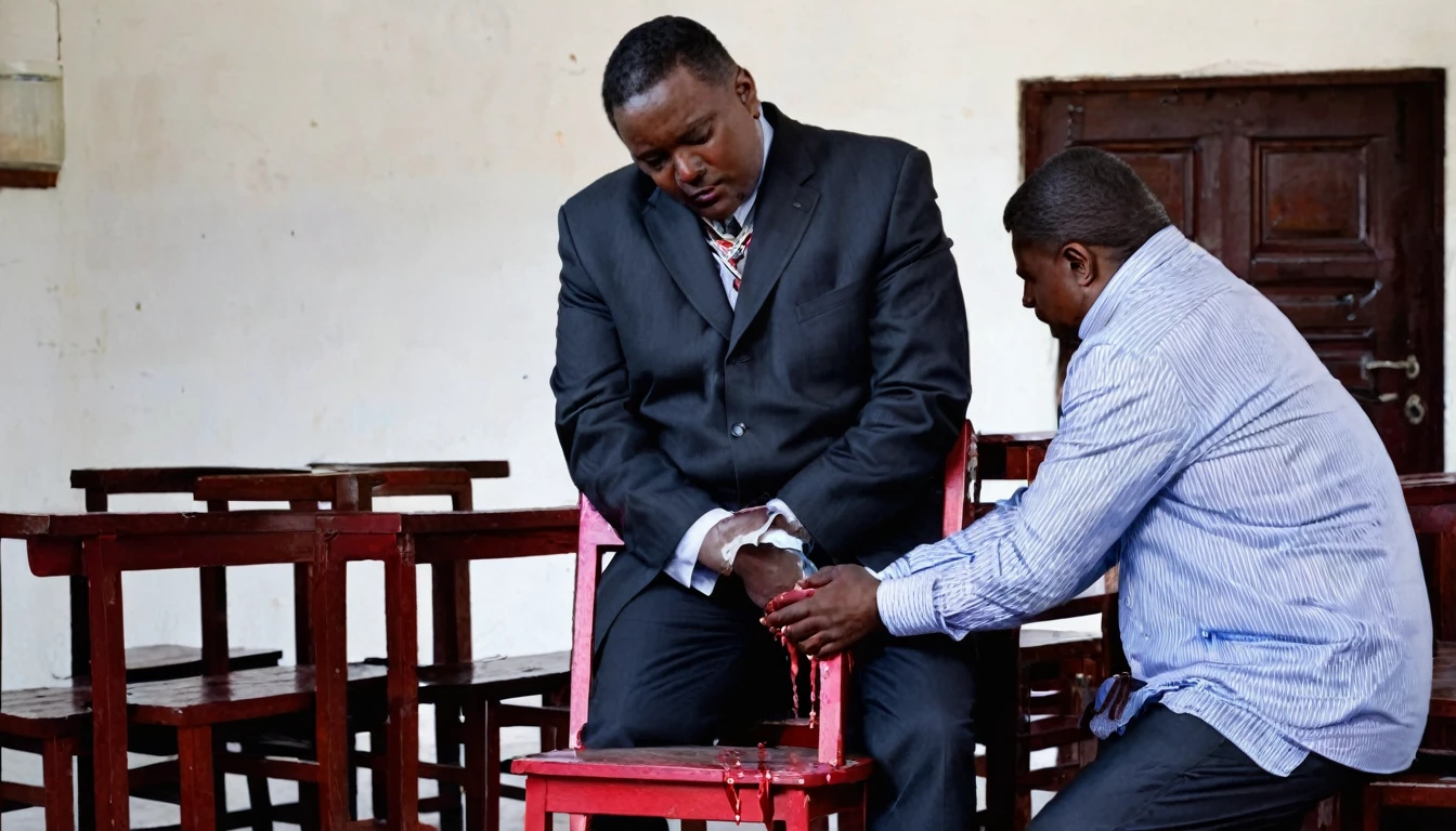Christian pastor tied to chair with bleeding hand