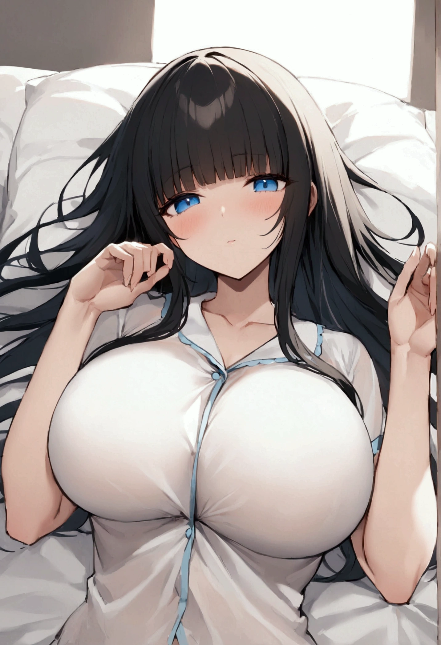 Hime cut with long black hair、Has straight bangs and blue eyes、Girls with very large breasts。Wearing a pajama trouser set。rather large udder。Unbelievably large breasts。Lying alone in bed with my eyes closed。The fabric is opaque。good morning