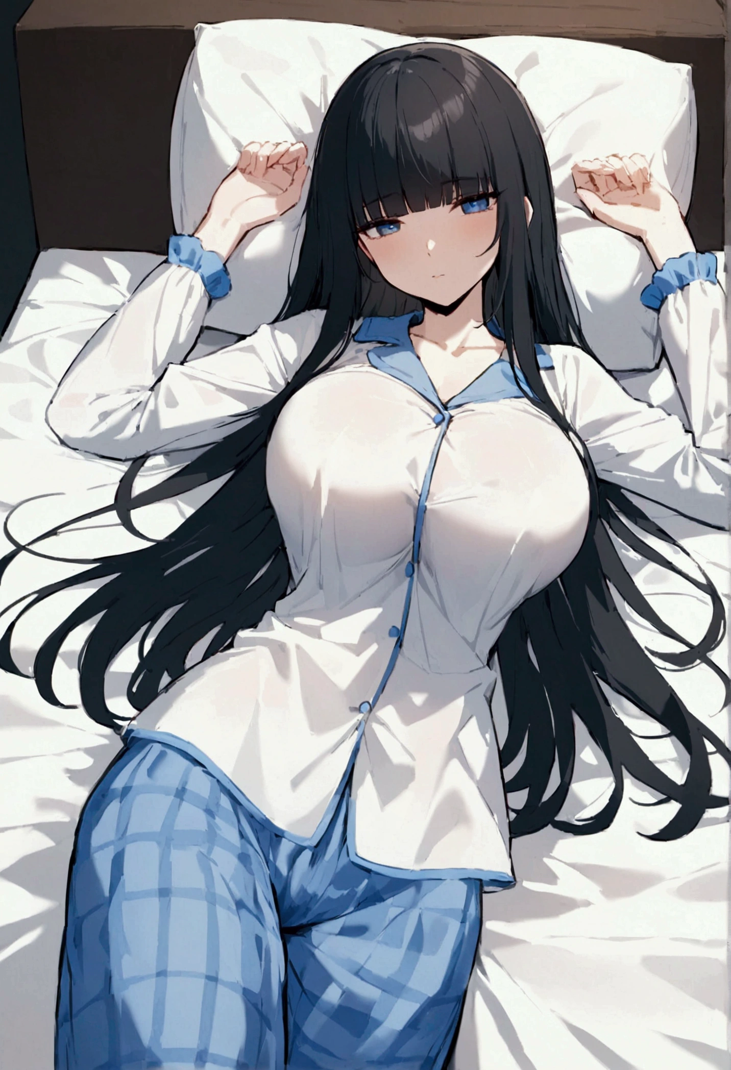 Hime cut with long black hair、Has straight bangs and blue eyes、Girls with very large breasts。Wearing a pajama trouser set。rather large udder。Unbelievably large breasts。Lying alone in bed with my eyes closed。The fabric is opaque。good morning