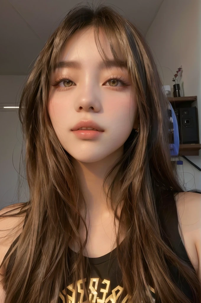 A closeup of a woman with long hair and wearing a sleeveless t-shirt, beautiful south korean woman, korean girl, Beautiful young Korean woman, lalisa manobal, Beautiful young Korean woman, South Korean popular makeup, Korean face features, ig model | artegerm, Popular Korean makeup, Sakimichan, ulzzang, beautiful asian girl