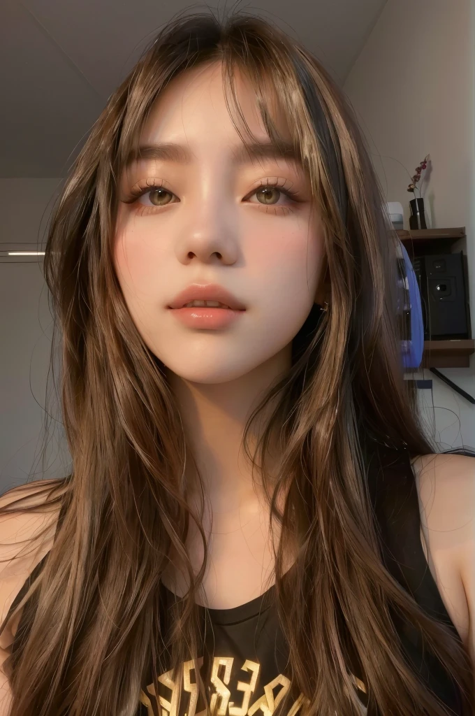 A closeup of a woman with long hair and wearing a sleeveless t-shirt, beautiful south korean woman, korean girl, Beautiful young Korean woman, lalisa manobal, Beautiful young Korean woman, South Korean popular makeup, Korean face features, ig model | artegerm, Popular Korean makeup, Sakimichan, ulzzang, beautiful asian girl